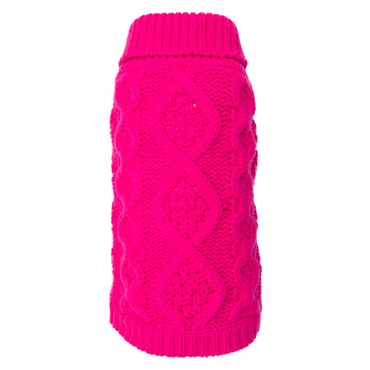 The Worthy Dog hot pink chunky knit turtleneck sweater with cable knit diamond pattern