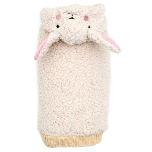 Cream sherpa pet sweater with a lamb face design and pink ears