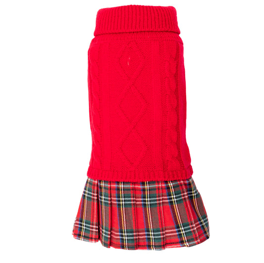 The Worthy Dog red cable knit turtleneck sweater dress with a pleated plaid skirt