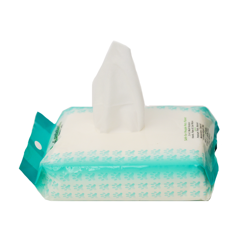 The Green Pet Shop biodegradable pet wipes pack with one wipe pulled out
