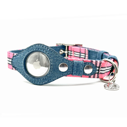 Urban Dog Stars Airtag Collar - Pink Plaid & Denim