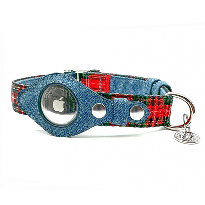 Urban Dog Stars Airtag Collar - Red Plaid & Denim