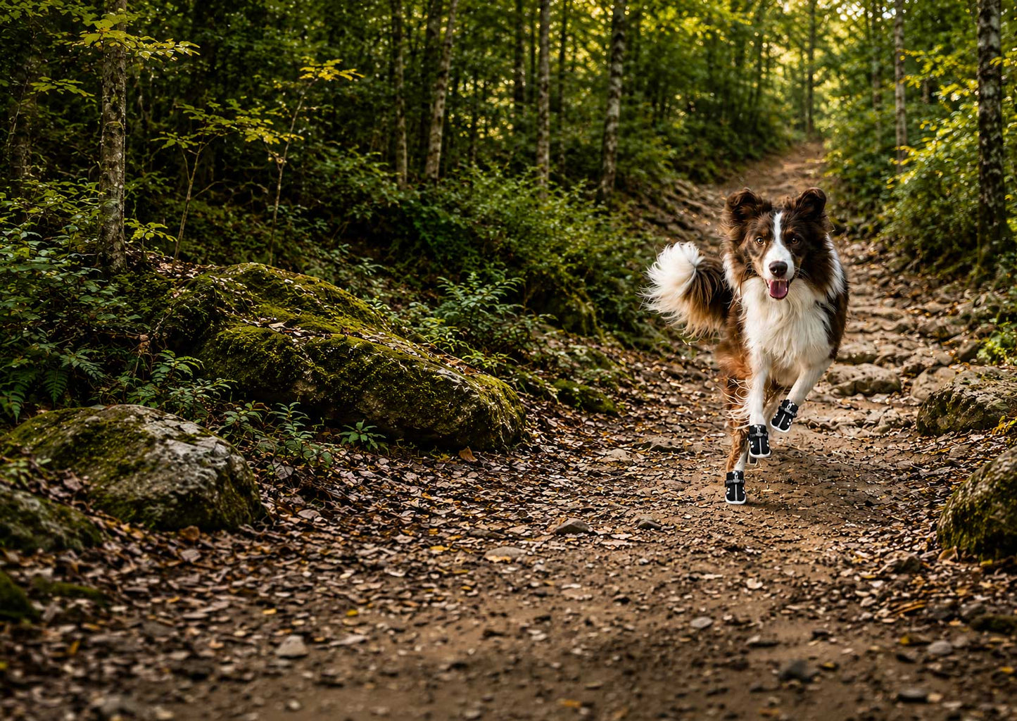 Dog running in Fetchers dog shoes