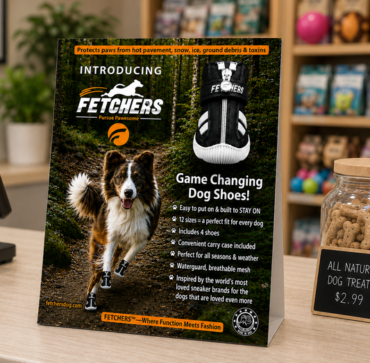 Fetchers POP counter display with affixed sample shoe