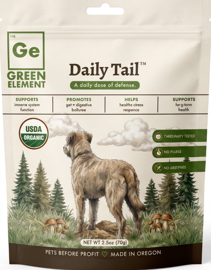 Green Element Daily Tail pet supplement packaging with a dog illustration
