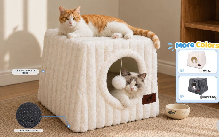Life Cycle Plush Cube Cat Cave Bed in White, shown with cats, available in White and Dark Grey