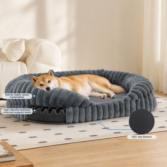 Calming Plush Bolster Pet Couch Bed - DarkGrey - Main