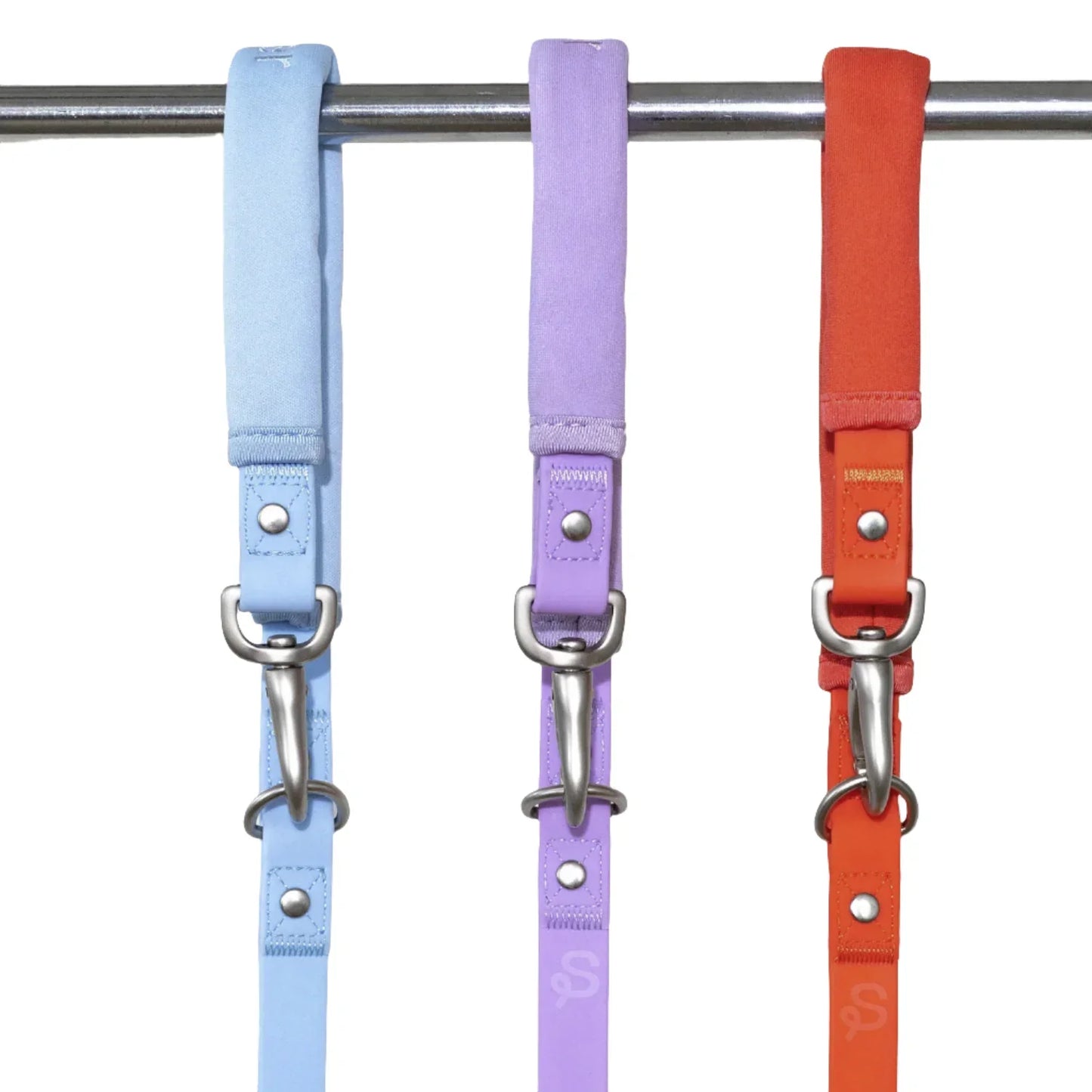 Three dog leashes in light blue, lavender, and orange hanging from a metal bar