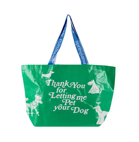 Springer Thank You Large Tote in green with white dog illustrations and blue handles