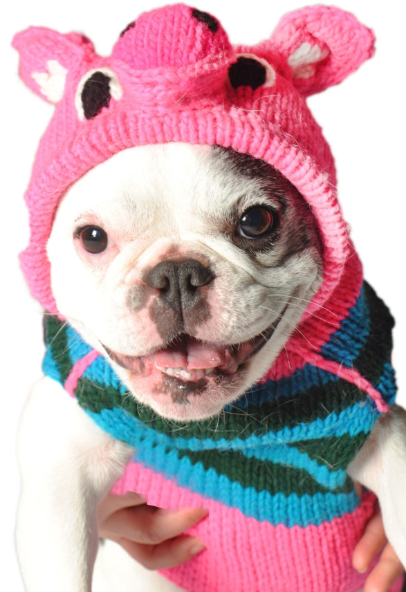 Chilly Dog Characters Pink Piggy Hoodie on a white and black dog