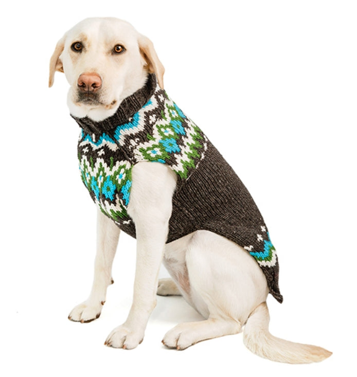 Chilly Dog Fairisle Charcoal dog sweater on a white dog