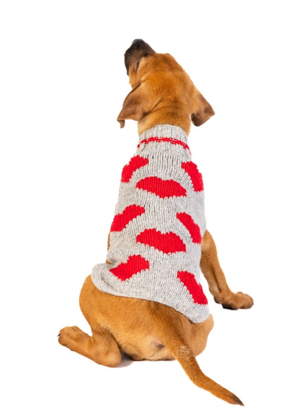 Chilly Dog Red Hearts sweater on a brown dog looking up