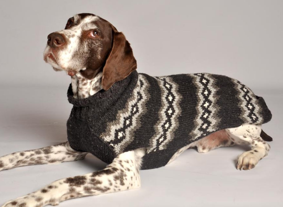 Chilly Dog Apres Ski Grey Diamonds sweater on a brown and white spotted dog