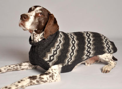 Chilly Dog Apres Ski Grey Diamonds sweater on a brown and white spotted dog
