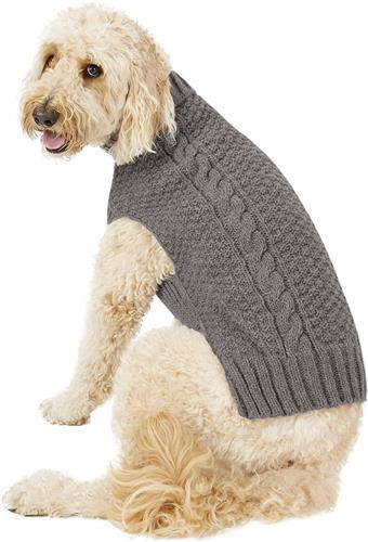 Chilly Dog Cable Knits Grey Cable sweater on a light-colored dog