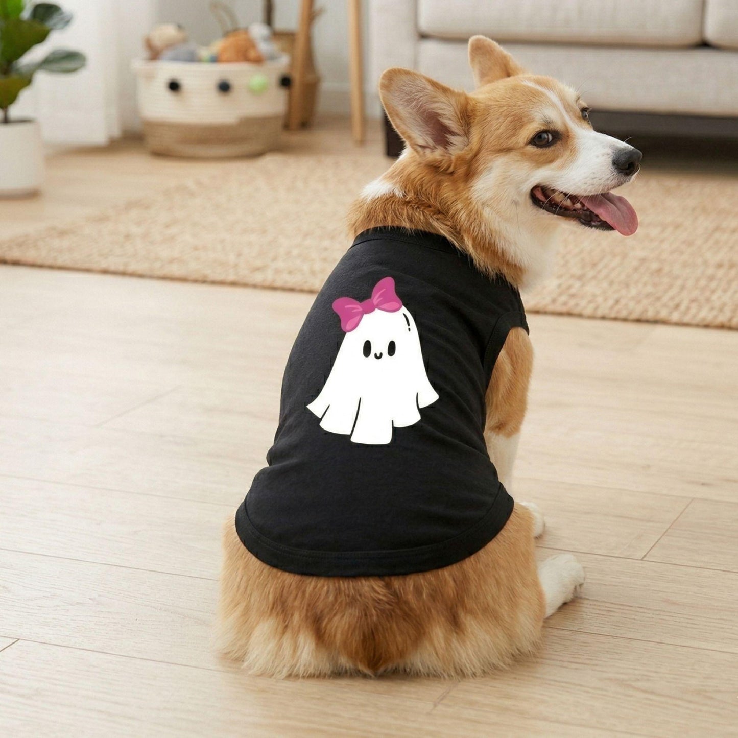 Fun T-Shirt - Cute Ghost with Bow Dog Shirt - Jet Black