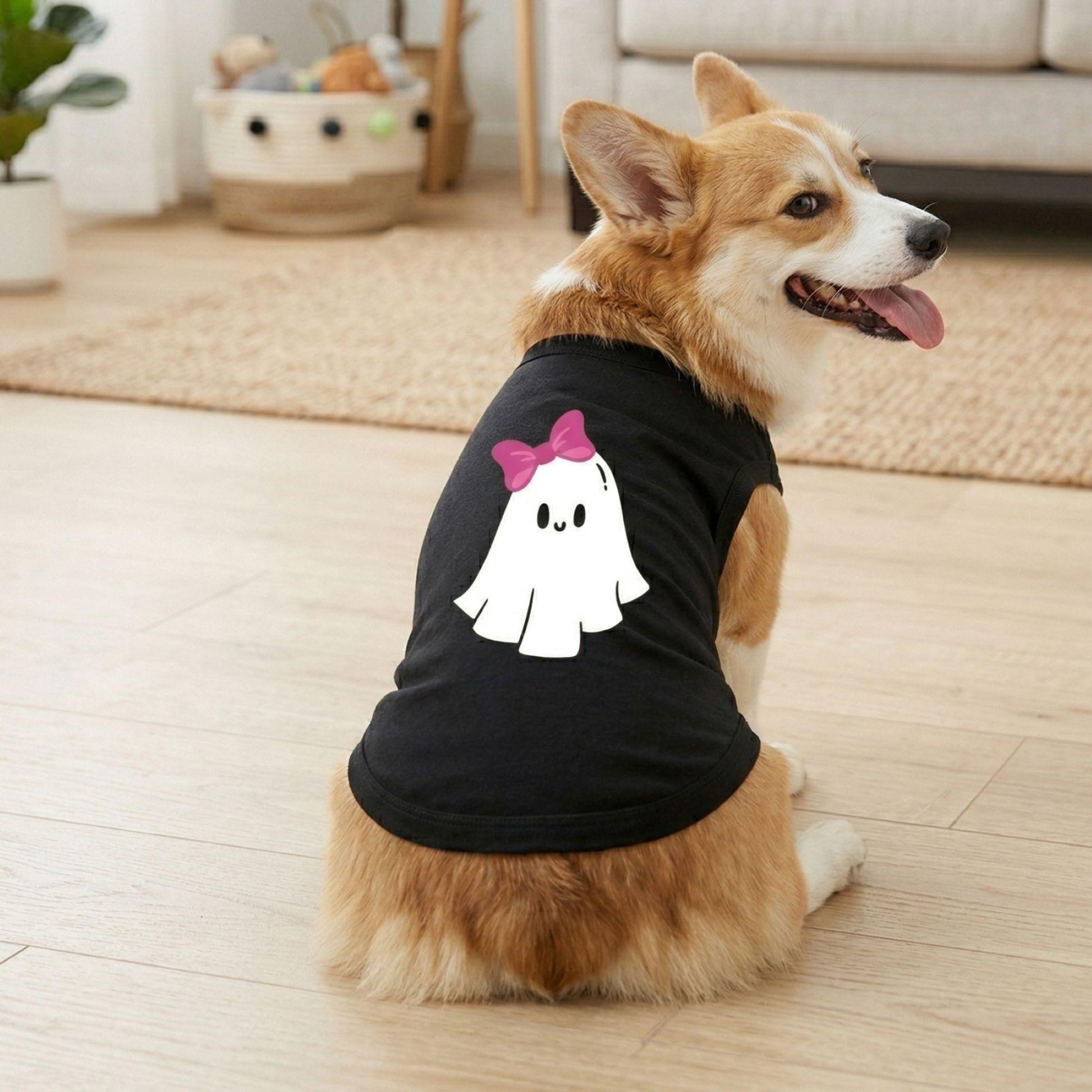 Fun T-Shirt - Cute Ghost with Bow Dog Shirt - Jet Black