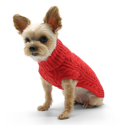Chilly Dog Cable Knits Red Cable sweater on a small dog