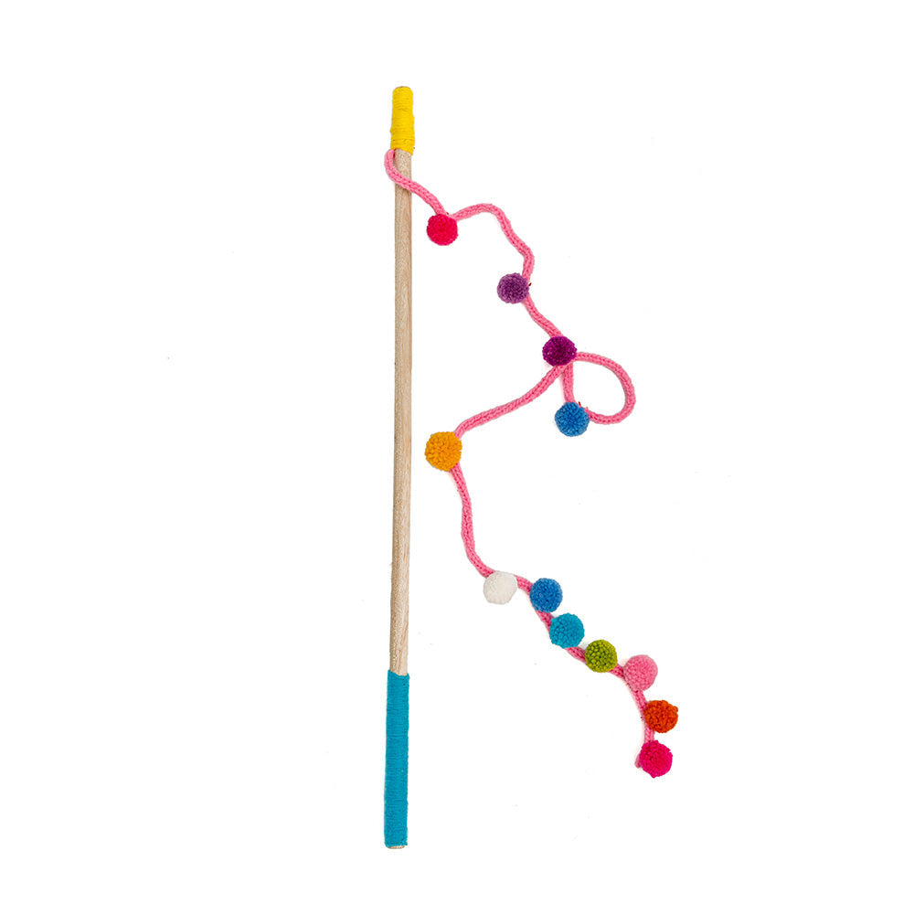 Chilly Dog Cat Toy with a wooden stick, pink string, and colorful pom-poms