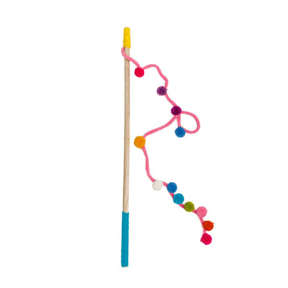Chilly Dog Cat Toy with a wooden stick, pink string, and colorful pom-poms