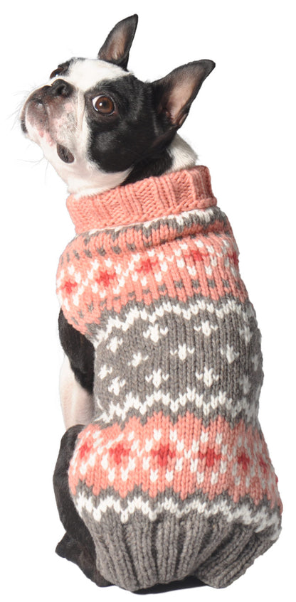 Boston Terrier wearing a Chilly Dog Fairisle Peach knit sweater