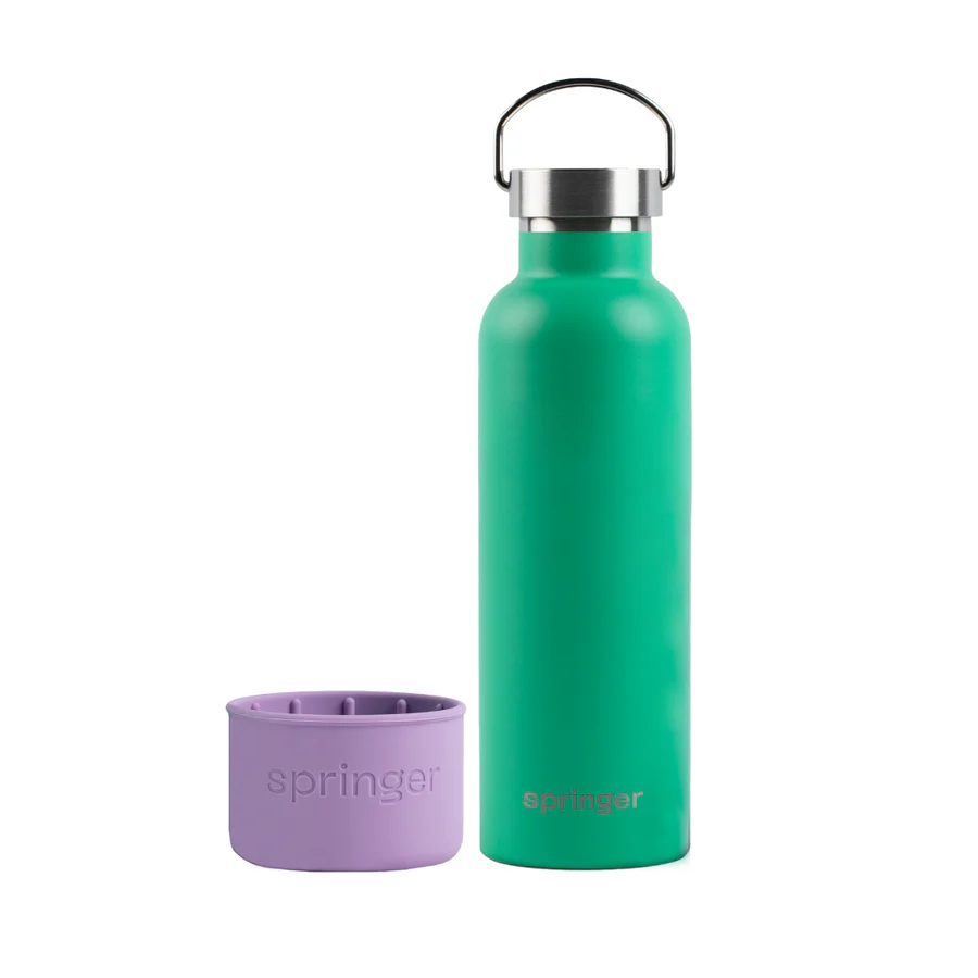 Springer Dog & Me 24oz water bottle in green with a purple silicone bowl