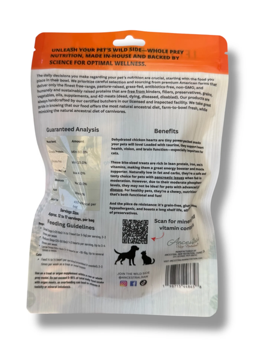 Ancestral Raw Dehydrated Turkey Heart product packaging with nutritional information and feeding guidelines