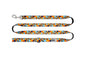 Orange, blue, and black pixelated dog leash with a silver clip and black handle