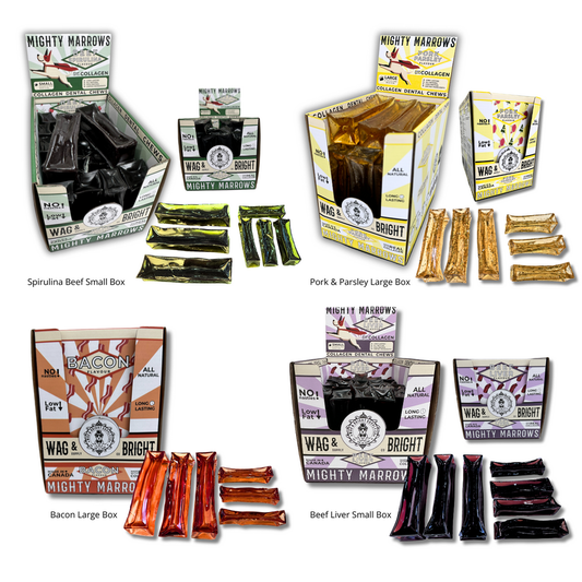 Mighty Marrows Collagen Dental Chews - Spirulina Beef, Pork & Parsley, Bacon, and Beef Liver display boxes and chews