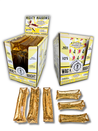 Mighty Marrows Collagen Dental Chews - all flavors, display box and chews
