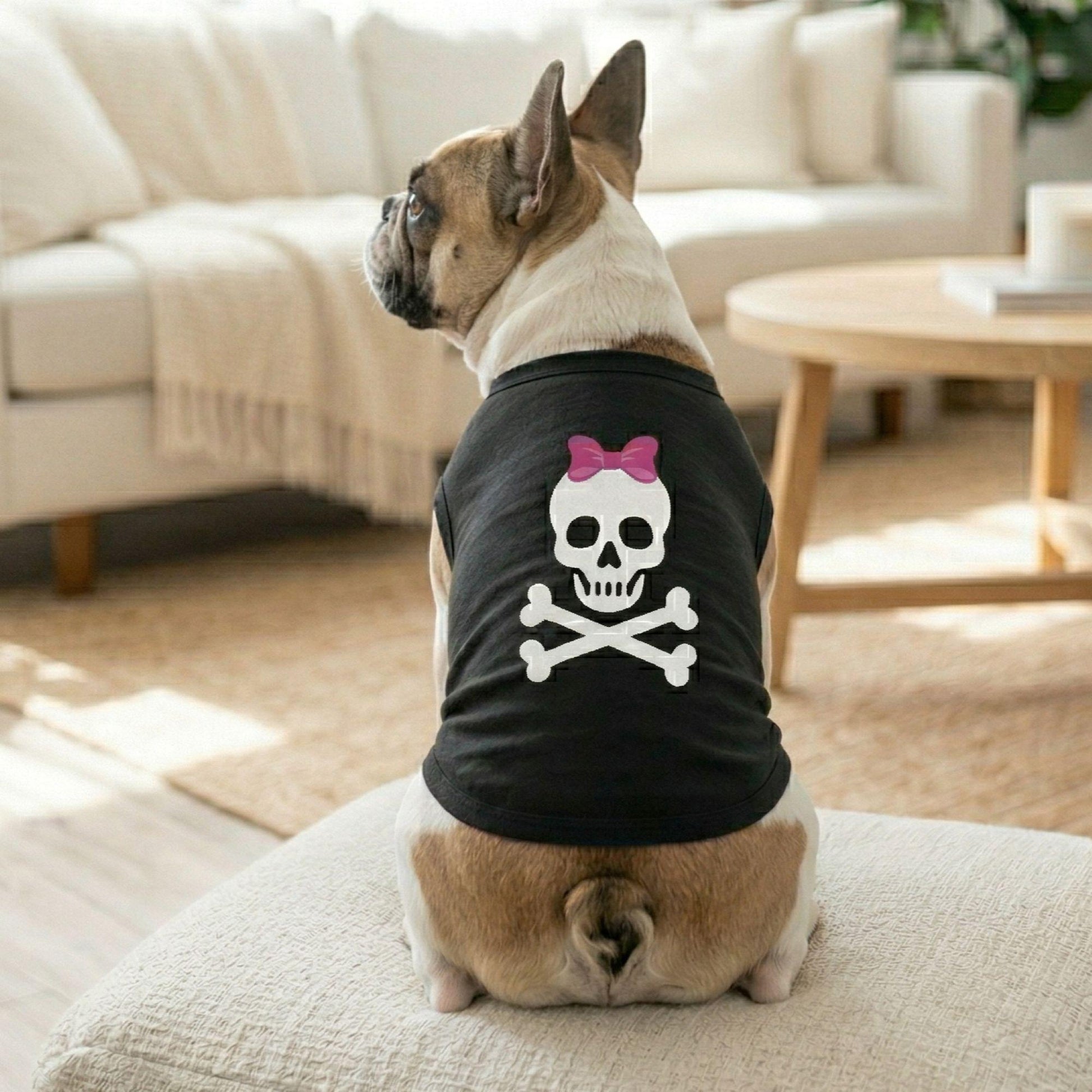 Fun T-Shirt - Pirate Skull with Pink Bow Dog Shirt - Jet Black
