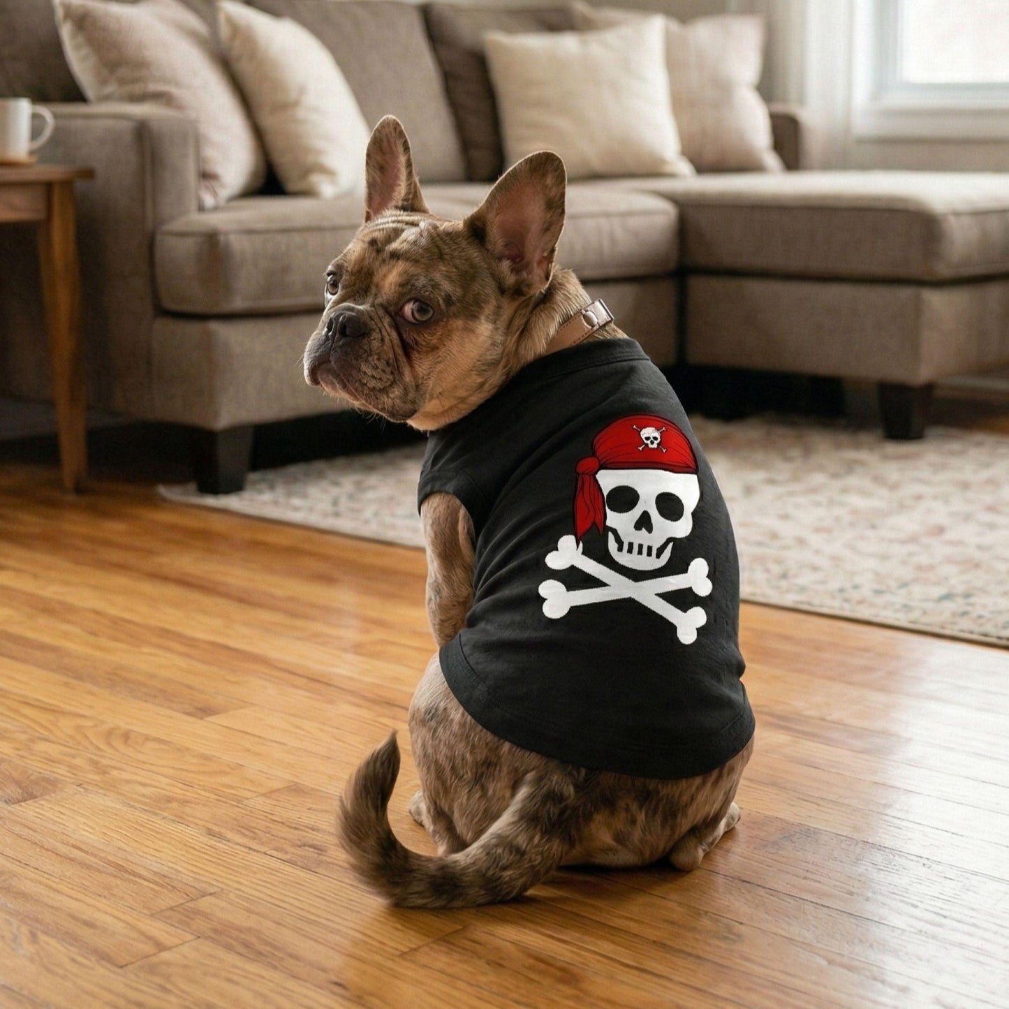 Fun T-Shirt - Pirate Skull with Red Bandana Dog Shirt - Jet Black
