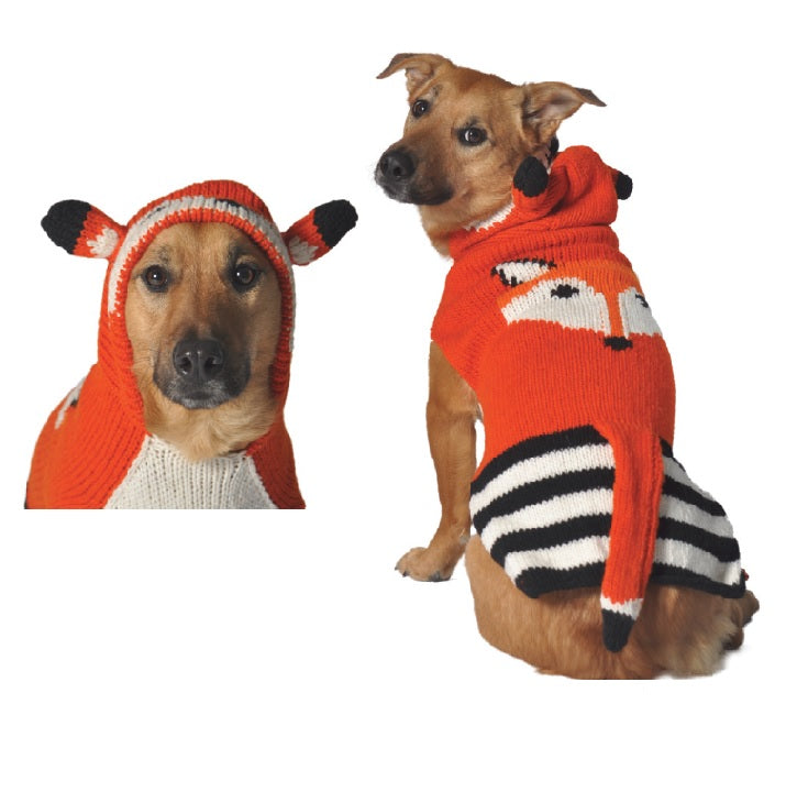 Chilly Dog Characters Foxy Hoodie on a dog showing front and back views