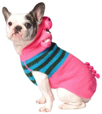 French bulldog wearing a pink, blue, and black striped sweater with a hood and a braided tail