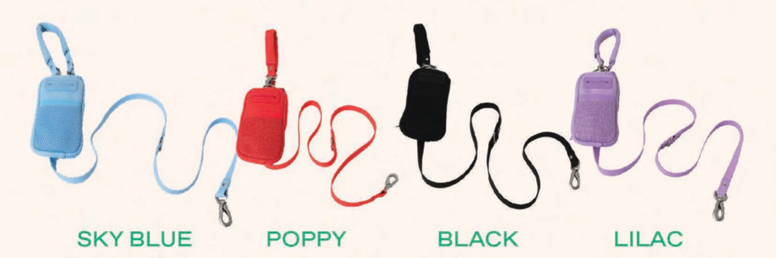 Four Springer Walk Bag with Leash sets in sky blue, poppy, black, and lilac