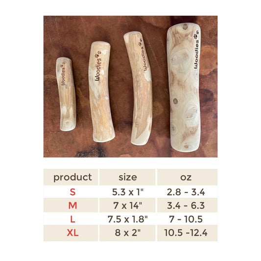 Woodies coffee wood dog chews in all four sizes