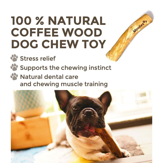 Woodies coffee wood dog chew with packaging and tag